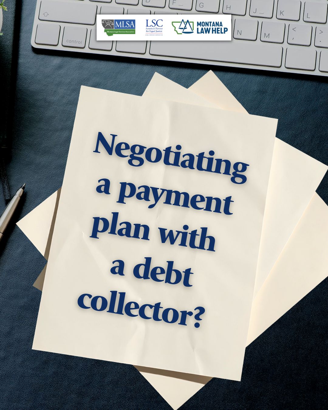 Text below a keyboard that reads, "Negotiating a payment plan with a debt collector?"
